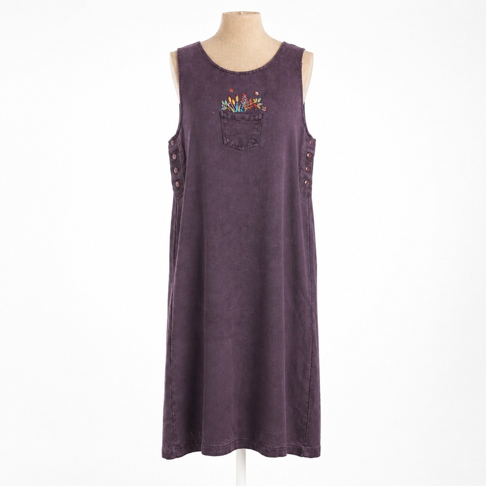 Vtg 90s Floral Embroidered Jumper Maxi Dress Size L Purple Cottagecore Prairie